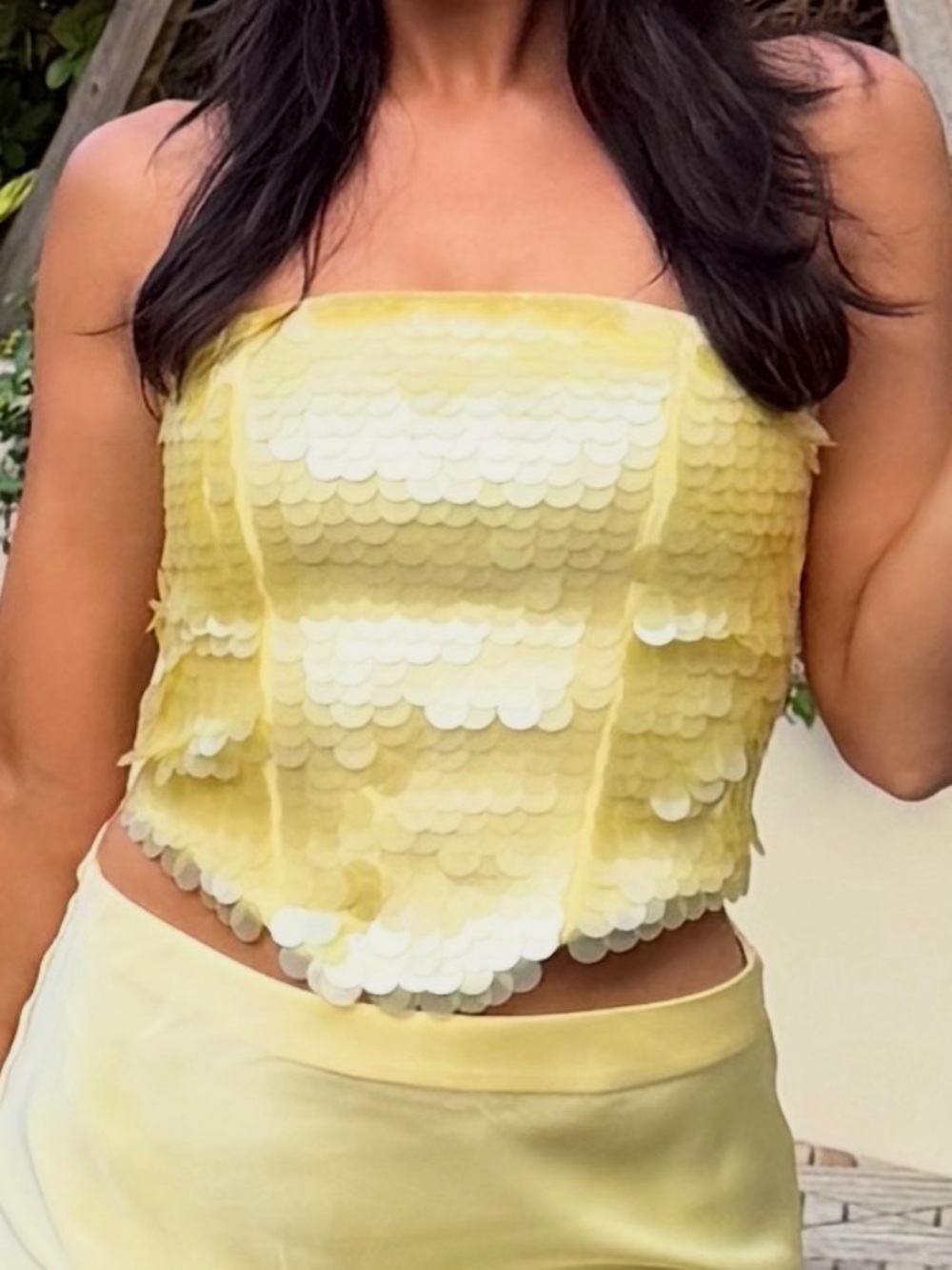Zara Yellow Sequin-Embellished Strapless Top